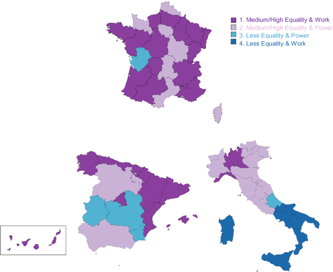 3 Maps of Spain, France, and Italy with a color gradient. The maximum and minimum topologies of a. France have medium and high equality and work and less equality and power. b. Spain has medium and high levels of equality and work. c. Italy has medium and high equality and power and less equality and work.
