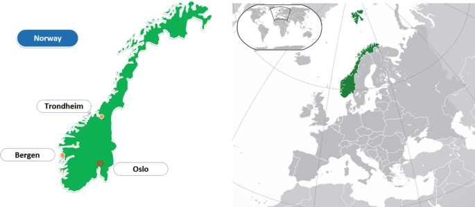 A map of Norway highlights 3 regions. Trondheim and Bergen are on the southwestern end, with Bergen southward of Trondheim. Oslo is on the southeastern end.