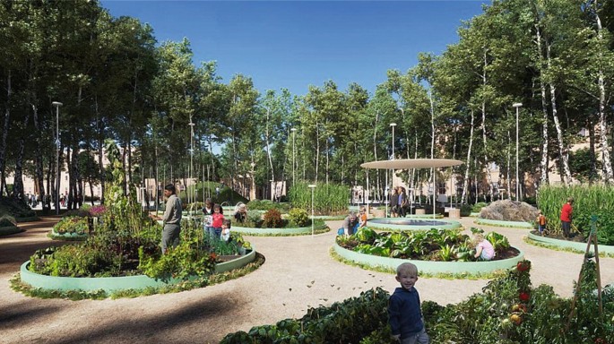 A photo of an urban agriculture site. It has a few large rings spaced out at some distance. The rings have varying vegetation. Some kids and adults stand on them and are engaged in activity. Tall trees form the background at a distance.