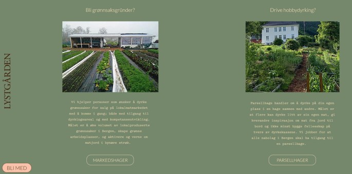 A screenshot of a homepage of Lystgarden. It has 2 photos with a few lines of text in a foreign language below. The former has vertical rows of varying kinds of vegetation and the latter has a well-bloomed garden of shrubbery and a few trees grown on soil and on pots.