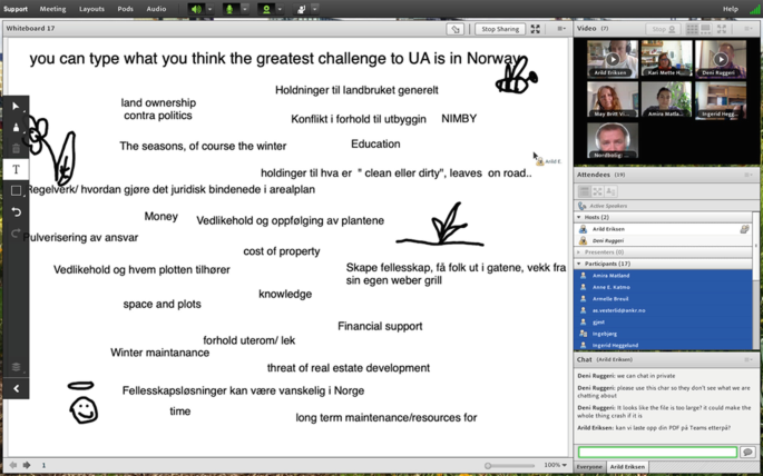 A screenshot of an online lecture of S E V U continuing education course at N M B U. The screen has a list of greatest challenge to U A in Norway. Some of the challenges are land ownership, education, winters, cost of property, space and plots, financial support, and time.