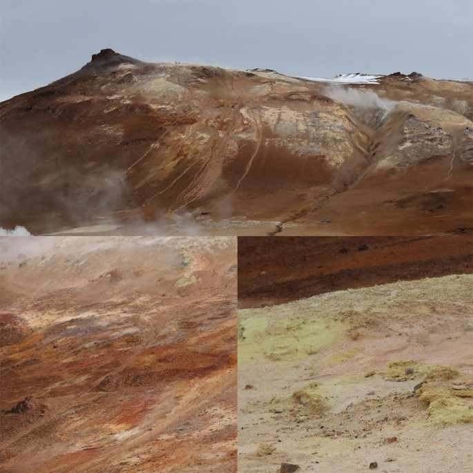 3 photographs of Solfatara field in Namafjall geothermal area.