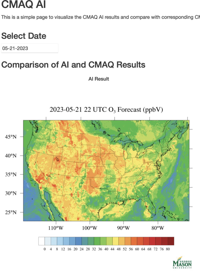 A screenshot of the C M A Q A I website. It presents a map fragment focusing on U S A within a world map with a gradient scale for Ozone forecast in parts per billion volume. It increases from 48 to 52 in the west to 56 moving to the central north and declines to a range of 32 to 40, moving east.