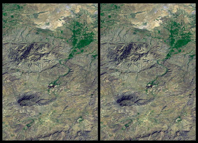 Two almost similar STRM images depict a rough terrain with a small hole.