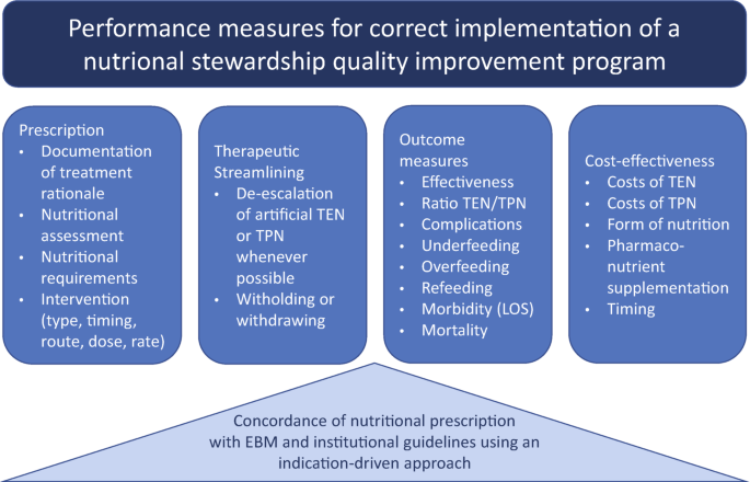 A chart of the performance measures for correct implementation of a nutritional stewardship quality improvement program. The four sections are prescription, therapeutic streamlining, outcome, and cost-effectiveness.