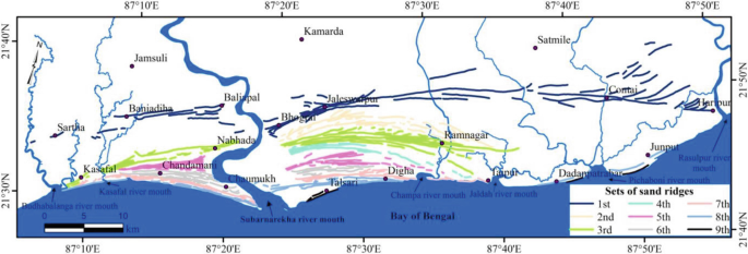 A physical map of the Subarnarekha delta. It depicts 9 sets of sand ridges. Some of the areas covered by the sand ridges are Chandamani, Chaumukh, Nabhada, Digha, and Ramnagar.