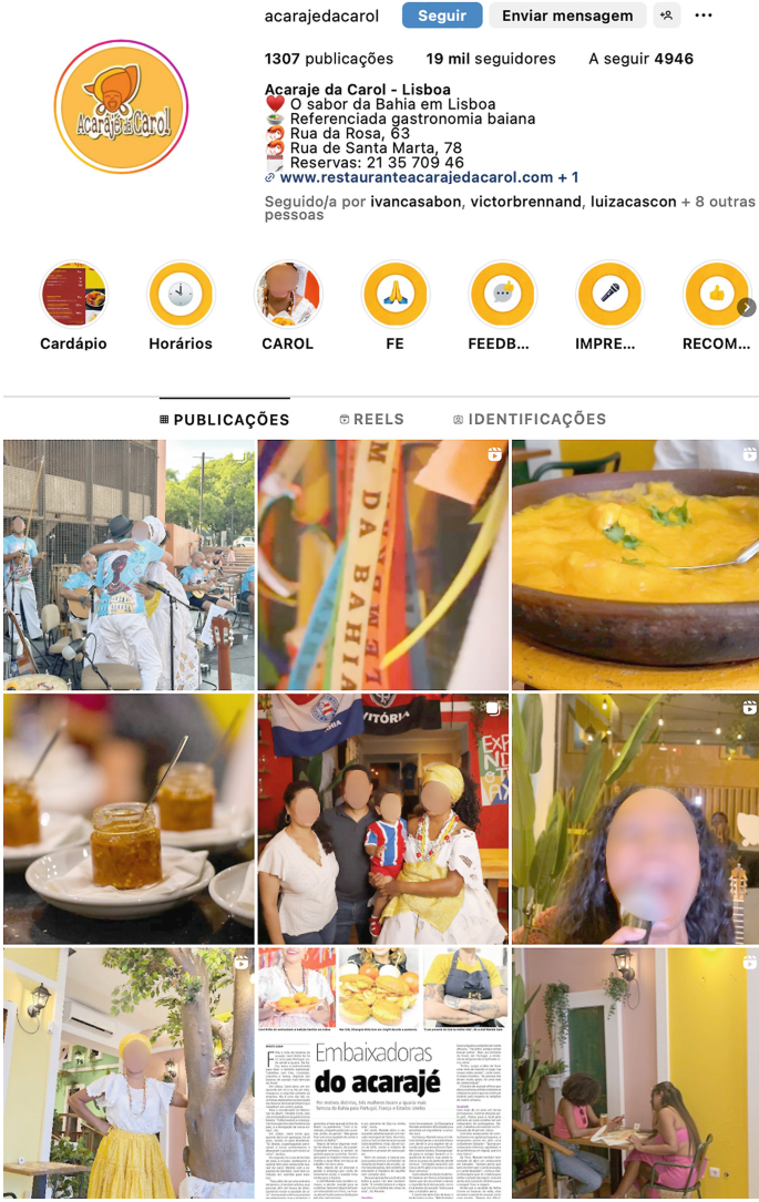 A screenshot of the Instagram page of a user. It has text in a foreign language with a set of 9 photos below. They include selfies, singles, and groupies of people in markets and open public spaces, and of beautifully plated food. Their faces are blurred.