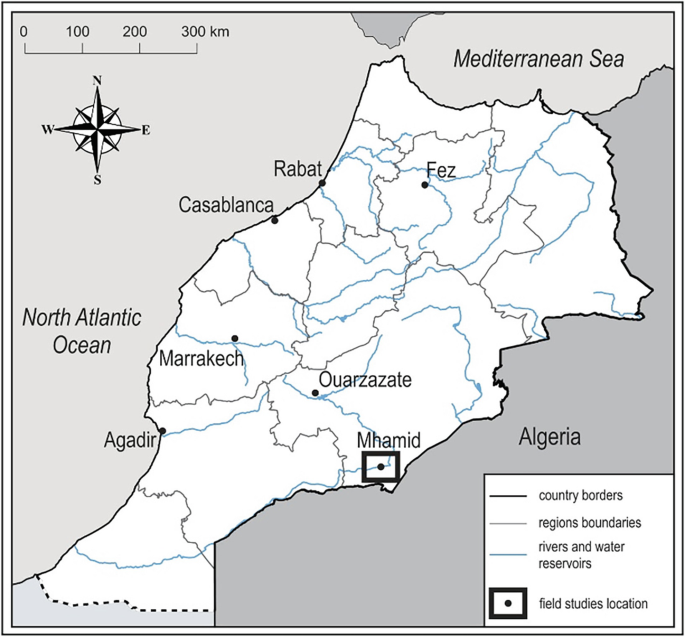 A map of Morocco highlights the country borders, regions boundaries, and rivers and water reservoirs. The field study location is at Mhamid Oasis in Southern Morocco.