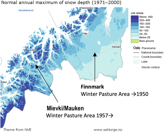 A map of Norway highlights the normal precipitation of snow depth in 2 winter pasture areas from 1971 to 2000. The area in Finnmark has 25 to 50 centimeters snow while that in Mievki or Mauken has 100 to 150 centimeters mostly with small pockets that range from 200 to 400 centimeters snow.