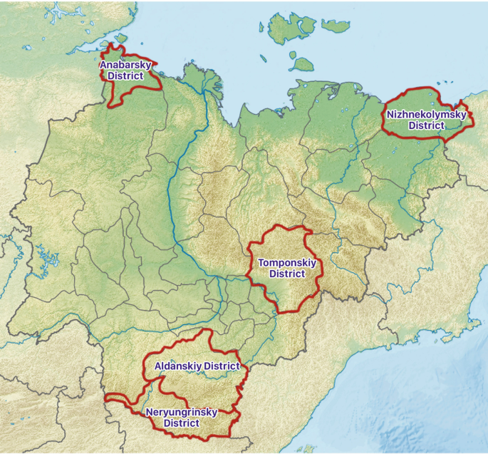 A map of the Republic of Sakha highlights the districts that include Anabarsky, Nizhnekolymsky, Tomponskiy, Aldanskiy, and Neryungrinsky.
