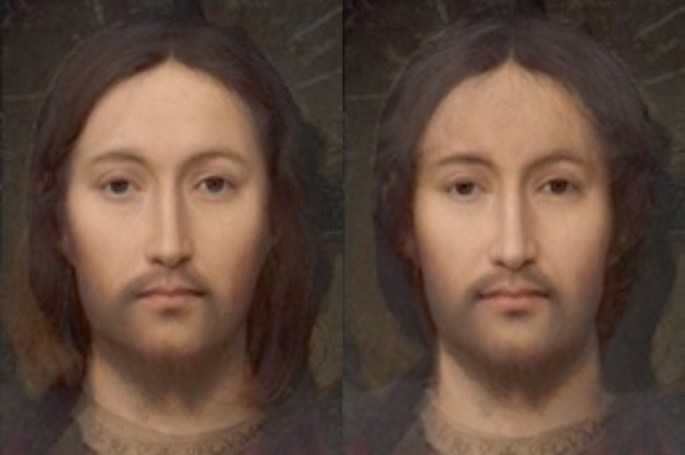 2 computer generated photos exhibit the face of a human, which seem similar but have slightly different facial features noted in the forehead, cheek, and chin.