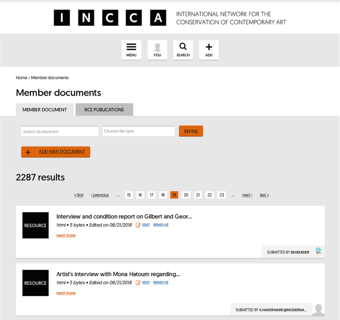 A screenshot of I N C C A online platform. The International Network for the Conservation of Contemporary Art screen displays Four tabs. Menu, You, Search, and Add. The Member document consists of two tabs, Member document and R C E publications. The Member Account tab is open and displays 2287 results.