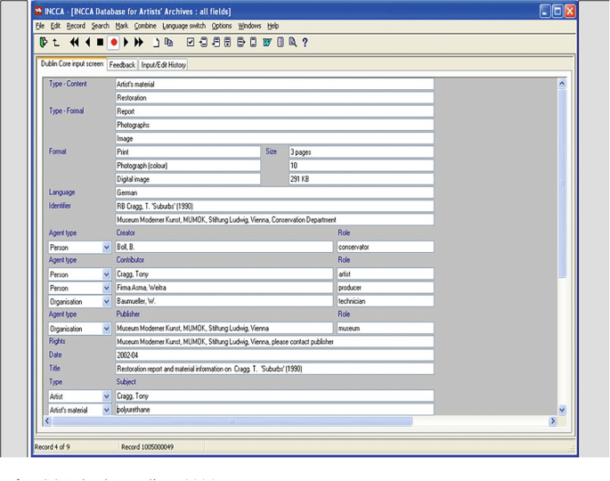 A screenshot of I N C C A. The tabs are labeled File, Edit, Record, Search, Mark, Combine, Language, Switch, Options, Windows, and Help. The window consists of three tabs, Dubin Core Input Screen, Feedback, and Input or Edit History. The Dubin Core Input screen option is selected.