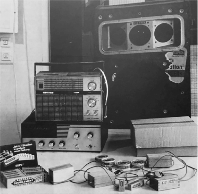 A photograph of technical equipment placed on a table.
