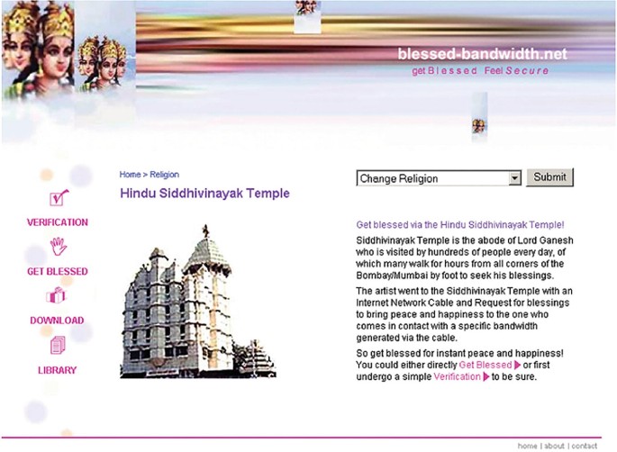 A screenshot of the home page of Blessed Bandwidth. It has illustrations of temples and gods. Verification, get blessed, download, and library are listed on the left. A dropdown icon for the change religion and a submit button is displayed.
