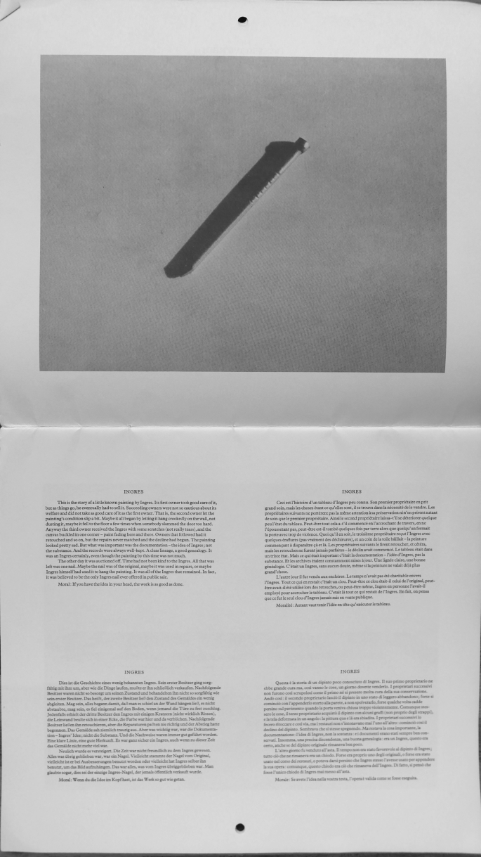 1. A photograph of a nail, 2. A photograph of a book page with four short paragraphs titled Ingres.