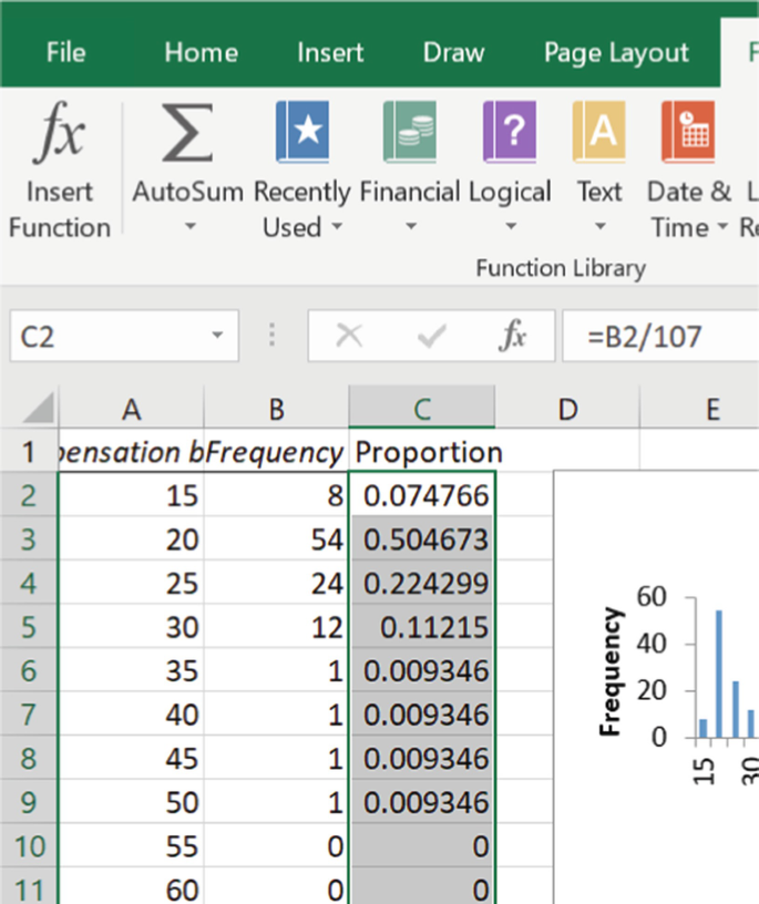 A screenshot of an Excel sheet. The menu bar consists of file, home, insert, draw, and page layout options. The column headers are compensation bins, frequency, and proportion. Values of proportions are highlighted.