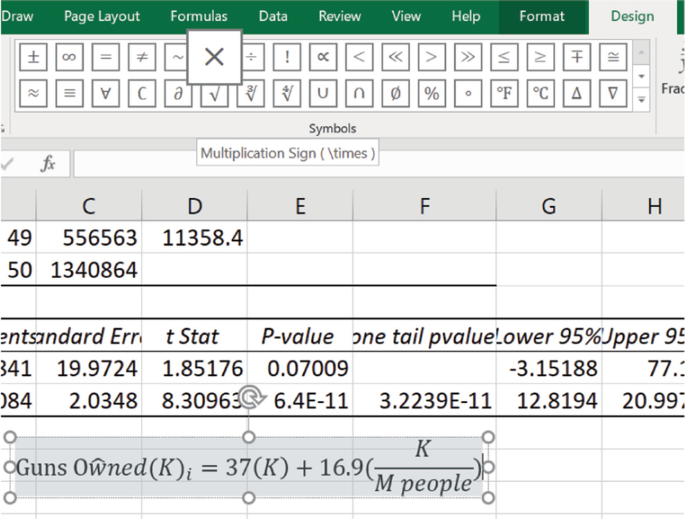 An Excel sheet highlights the design menu in the menu bar. A list of symbols with the multiplication sign is highlighted. A table with 7 columns and 2 rows is at the bottom.