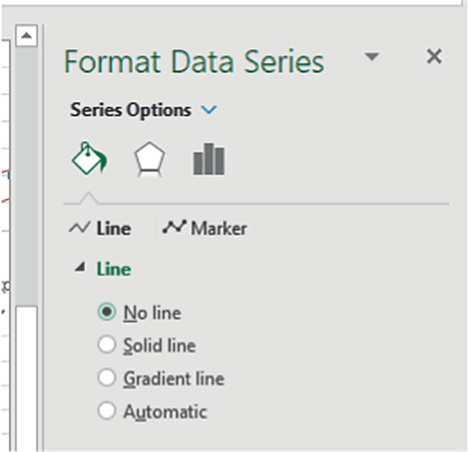 A pop-up window titled Format Data Series indicates the series options with line and marker symbols. The drop-down options of the line are no line, solid line, gradient line, and automatic. No line option is enabled.