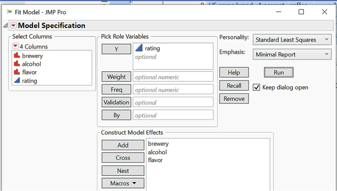 A window titled Fit model J M P Pro indicates the drop-down options of model specification. The options to select columns are on the left. The options to pick role variables and construct model effects are on the right. It also includes the help, run, recall, and remove.