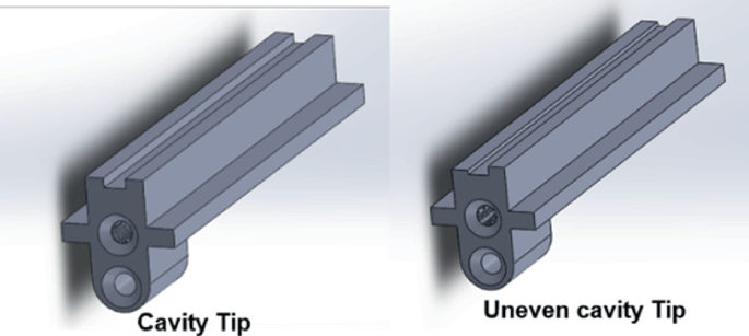 A 2-part illustration of the tip and cavity displays a T-shaped expanded structure with a pair of holes punched in its front face. The left illustration is labeled cavity tip. The right illustration is labeled uneven cavity tip.