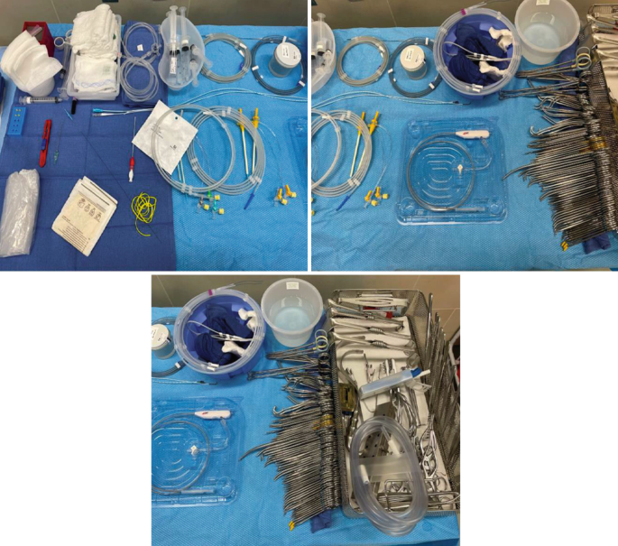 3 photos of vascular intervention supplies and surgical instruments for E V A R include guidewires, catheters, sheaths, delivery systems, stent-grafts, angiography equipment, balloon catheters, and closure devices.