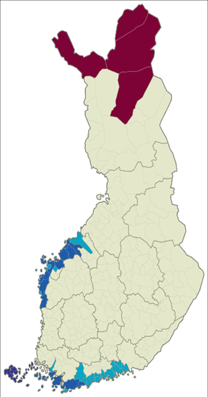 A map depicts the geographical distribution of bilingual municipalities in the coastal region of Finland and Sweden, with a color-coded scheme consisting of three colors.