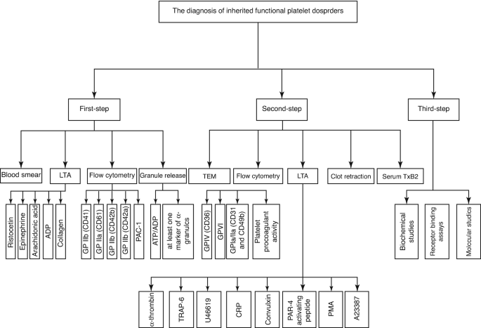 An algorithm for the diagnosis of inherited platelet function. First step includes blood smear, LTA, flow cytometry, and granule release. Second step includes TEM, Flow cytometry, LTA, clot retraction, and serum TxB2. Third step includes biochemical studies, receptor binding assays, and molecular studies.