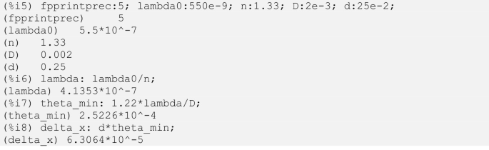 A 12-line code to set floating point print precision to 5, calculate lambda and theta min, and calculate delta x.