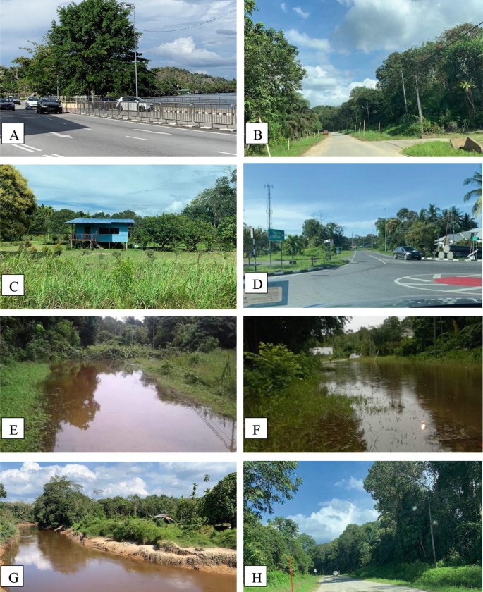 8 photos of 8 flood-prone areas. A to H present an urban town road with a car passing by, a rural countryside road flanked by trees, a forest land, a tarred road with trees on the left, 3 waterlogged areas with dense vegetation, and a countryside road flanked by densely packed trees.