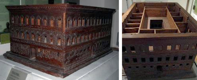 Two photographs of wooden draft models of Palazzo Strozzi in Florence. One photo depicts the front view of the model and the other photo depicts the top view.