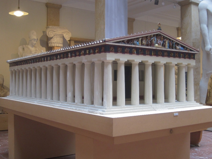 A model of the Parthenon temple in Athens. The model depicts the front and the side views.