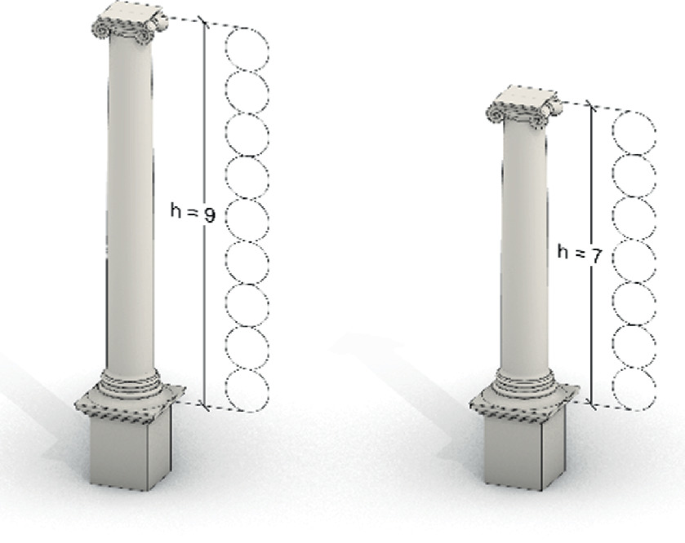 A set of two 3 D models of pillars with different heights. The one on the left has h = 9, and the one on the right has h = 7.