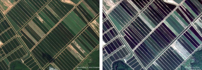 Two aerial photographs of farmland with different levels of contrast and spatial resolution.