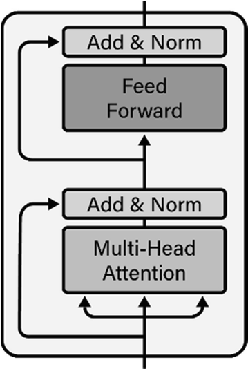 An architecture diagram of bidirectional encoder representations from transformers. Two layers are feed forward and multi-head attention with add and norm.