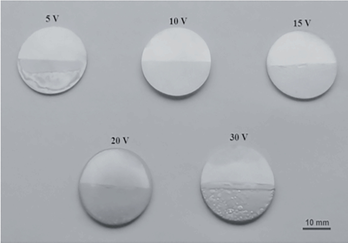 5 uncoated sample illustrations at 5 Volts, 10 Volts, 15 Volts, 20 Volts, and 30 Volts. It depicts a cloudy surface.