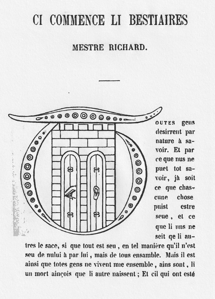 A page from a book written in a foreign language, has an illustration of a stylized letter T, with 2 doors of a fort in the center. An ear is on one door, and an eye is on the other.