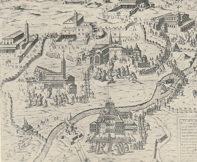 A sketch drawing of an area with several large buildings. Each has a tall minaret on one corner. A compound wall runs around most of the buildings. A river runs through one side of the area, and 2 bridges are over 2 sections of the river. A few people in the foreground bow to a haloed figure.