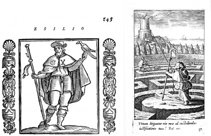2 sketch drawings. Left, a man holds a staff and a bird in his hands, with ornate patterns on either side. Right, a man stands atop a platform that leads to a maze. The end of the maze leads to a tower atop a small mountain where an angel holds a rope held by the man in the foreground.