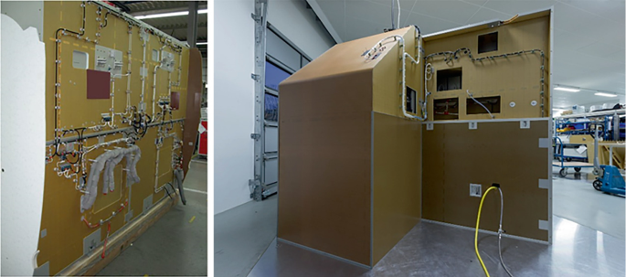 2 photographs present an integrated network of wires and rectangular boards on the walls. The photograph on the left depicts the side view and the one on the right exhibits the front view.