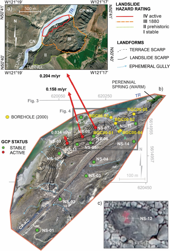 Three satellite views of maps. a. The landslide hazard rating, 4 active, 3 1880, 2 prehistoric, and 1 stable are depicted. b. The G C P status of stable, active, and perennial spring warm are marked. c. The floodplain boulder N S 12 is measured at 20 centimeters.