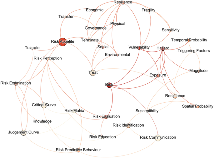 A node diagram where the terms resilience, risk appetite, risk examination, risk, risk evaluation, vulnerability, and hazard are the primary.