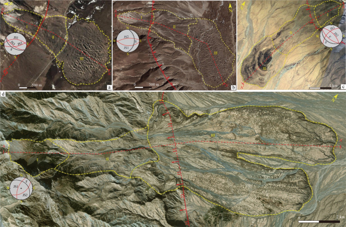 Four photographs of different rock avalanches in the Tibetan Plateau.