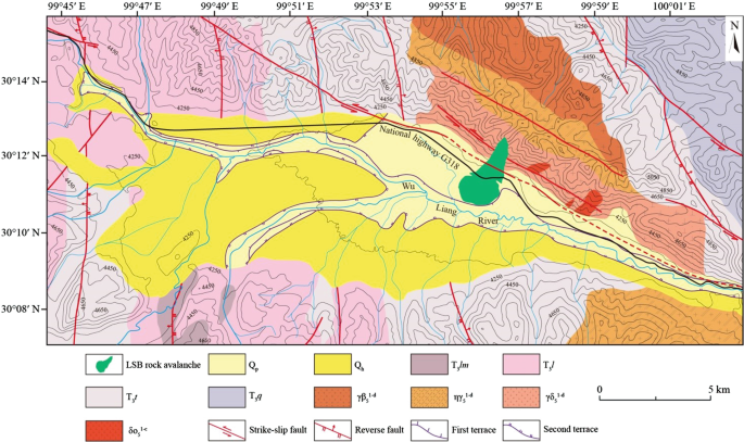 A map of the Maoyaba basin includes the L S B rock avalanche, strike-slip fault, reverse fault, first terrace, and second terrace. The scale bar is 5 kilometers.