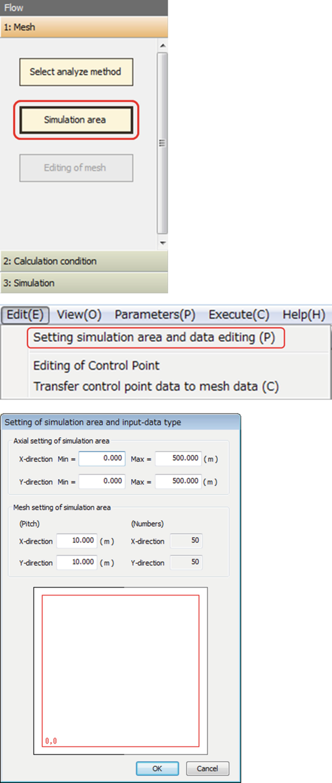 3 screenshots. 1. Under the mesh setting in the flow tab, the simulation area option is selected. 2. Setting simulation area and data editing option is selected from the edit tab. 3. The setting of the simulation area and input data type tab have fields for axial and mesh settings of the simulation area.