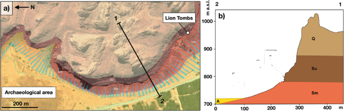 A satellite image and a graph of the Dadan region. The lion tomb location is labeled. The debris cones and talus accumulation are denoted by various shady patches. It includes a graph depicting the percentages in the middle. S I Q, upper. S I Q, and Quweira.
