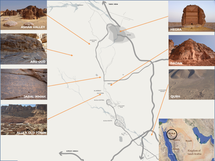 A screen layout of a map of AI Ula Oasis. The map displays the locations of archaeological sites and photographs are provided. It includes Ashar Valley, Abu Oud, Jabal Ikmah, Alula Old Town, Qurh, Dadan, and Hegra. The region of Alula is pointed out in a satellite map below.