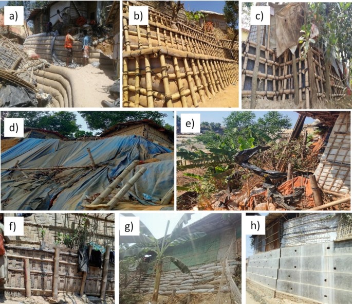 8 photos, a to h. 2 persons standing on the terrace of geotextile tubes, close-up of bamboo fences, layers of tarpaulin, plantation, terrace of bamboo fence sheets, sandbags arranged near a banana tree, and concrete side wall.