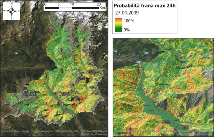 2 maps of Aosta Valley depict the failure probabilities on April 27, 2009. It is measured from 0 to 100%. The most intense precipitation peaks recorded in this study are represented. Parco Naturale Mont Avic and Parco Naturale Alta Valsesia are marked on the left map.