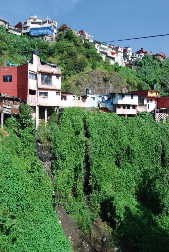 A photograph of multiple dwellings that vertically developed on the steep terrains.